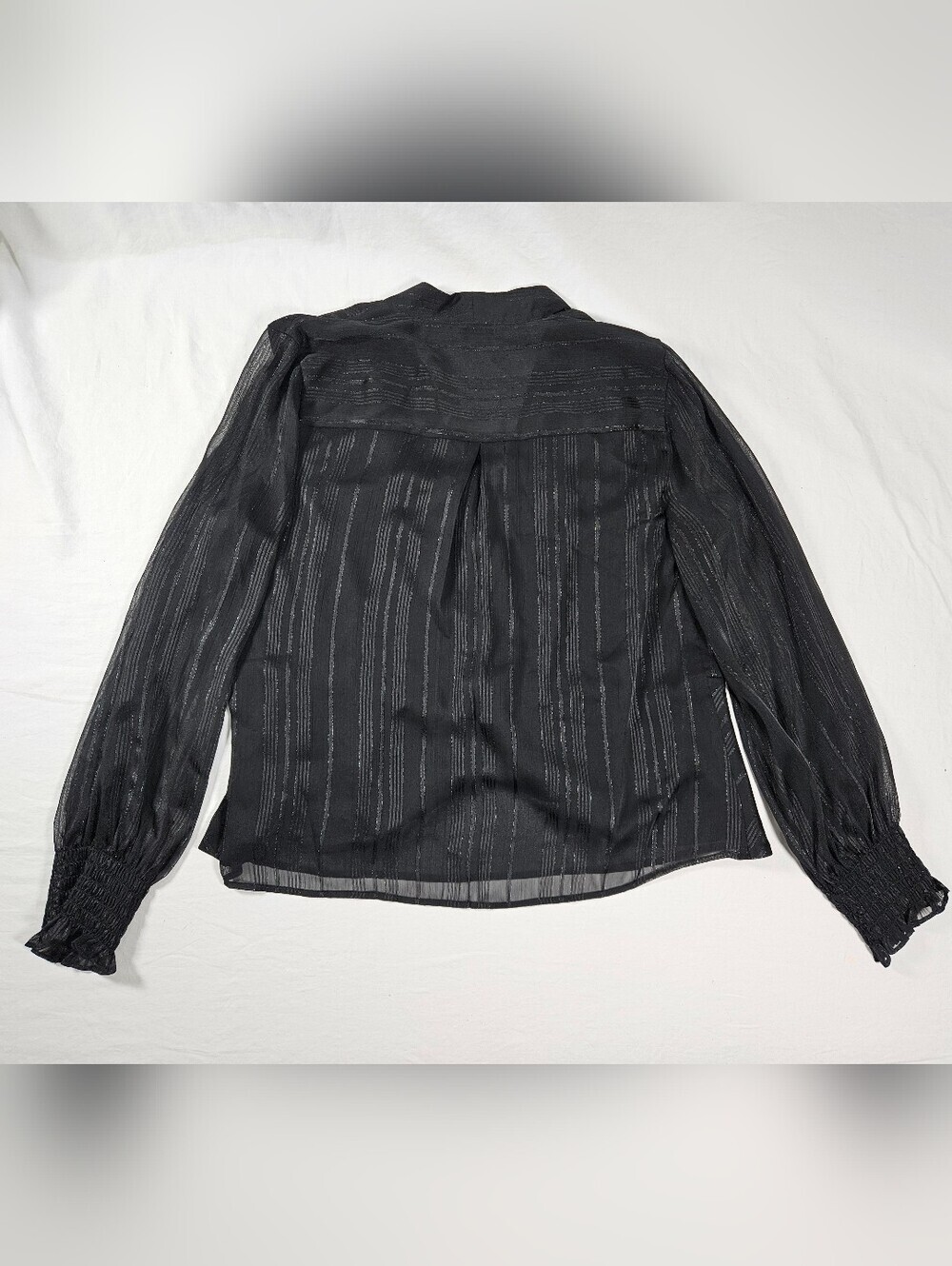 NWT Medium Calvin Klein Sheer Black Metallic Stripe V Neck Blouse Smocked Cuff - Picture 11 of 11